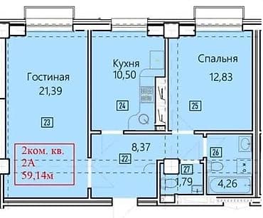 2 комнаты, 59 м², Асанбай мкр Элитка, 5 этаж, ПСО (под самоотделку)
