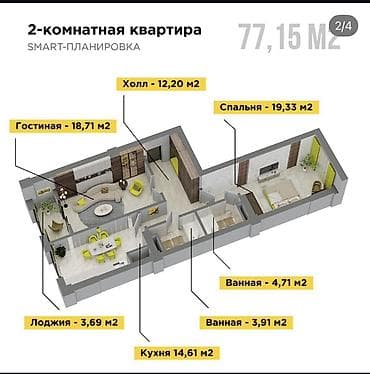 не законченный проект: 2 комнаты, 77 м², Элитка, 6 этаж, Готовая ПСО (под самоотделку) — 2