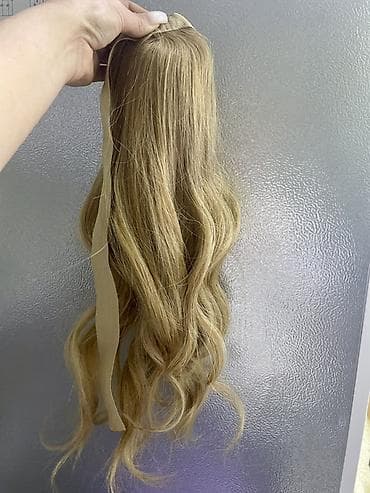 голова с волосами: Натуральный накладной хвост на ленте/ленточке, волнистый — 4