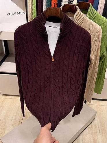 Мужской вязаный джемпер с молнией до груди (half-zip) - Фактурная