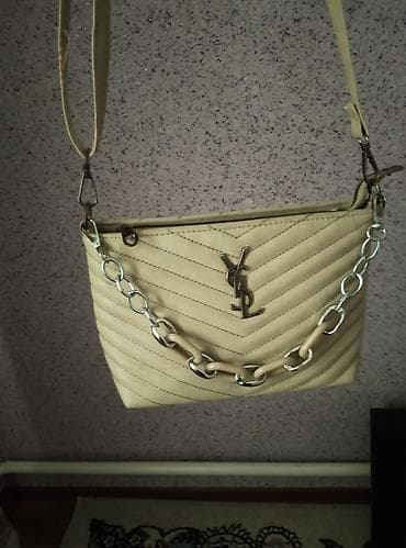 золотые пусеты: Сумка через плечо, бежевого цвета с прострочкой «ёлочка». - — 2