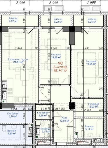 osh flat: 2 комнаты, 96 м², Элитка, 3 этаж, Готовая ПСО (под самоотделку) — 2