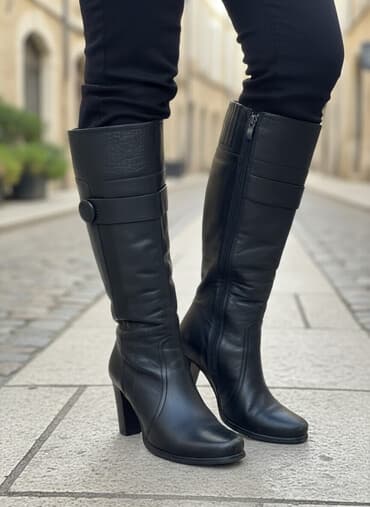 женские зимние сапоги из натуральной кожи и меха: Женские кожаные сапоги на каблуке - Материал: натуральная кожа — 1