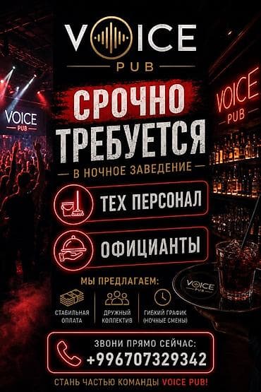 официант ик: VOICE PUB — ночное заведение. Срочно требуются: —Ди Джей —Бармен Мы — 1