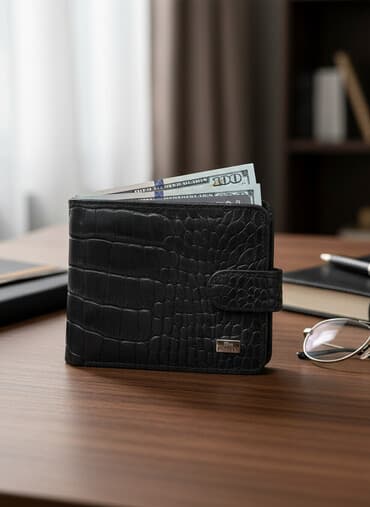 барашка куртка: Мужской кожаный кошелёк DESISAN, черный, тиснение под крокодила — 1