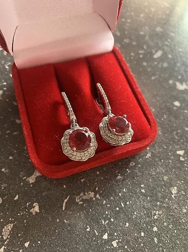 серебряный комплект с красными камнями: Серьги, Женские, Вставка: Рубин, Новый — 1