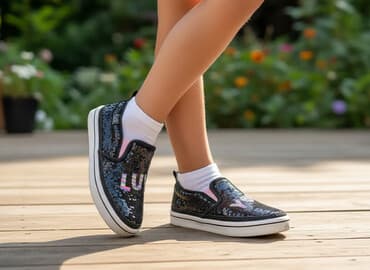 Черные слипоны с пайетками "LUV YOU" и радужным градиентом. Модель без