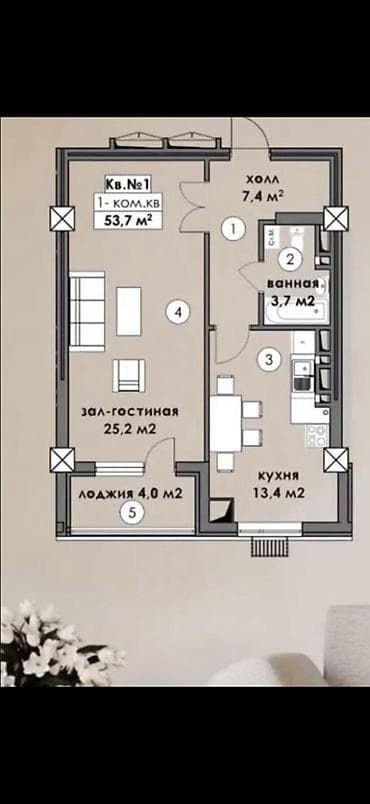 Батирлер: 1 бөлмө, 54 м², Көк-Жар мкр Элитка, 6 кабат, ПСО (өз алдынча бүтүрүү) — 9