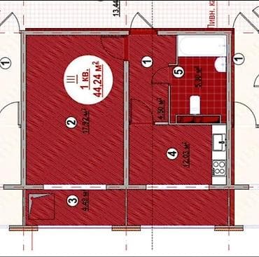 1 комната, 44 м²