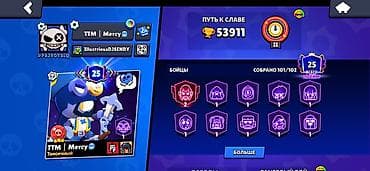 Значки: Аккаунт Brawl Stars Основное: - Путь к славе: 53 911 - Бойцов — 1