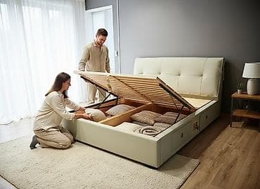 Двуспальная кровать с подъёмным механизмом и вместительным коробом для