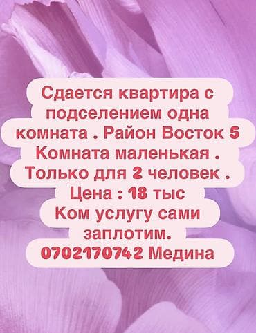 Кыймылсыз мүлк: Сдается комната в квартире с подселением. Район: Восток-5. Комната — 1