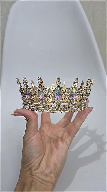 Аксессуары для волос: Золотистая корона с крупными кристаллами - Основание: металлический — 2