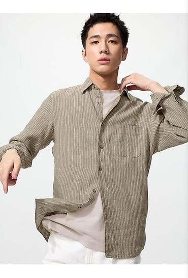 рубашка льняная: Мужская рубашка, XL, Uniqlo, Новый, цвет - Коричневый, Платная доставка — 1