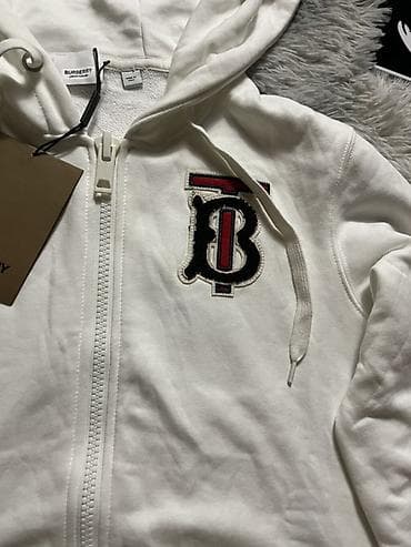 Толстовки: Белая худи на молнии Burberry с капюшоном - Классический крой, мягкий — 4