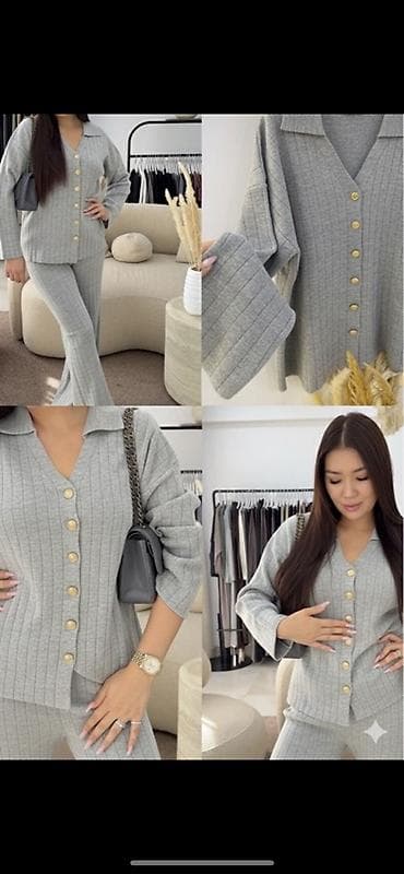 женские трикотажные лосины: Женский трикотажный костюм из мягкого рифлёного полотна, цвет серый — 1