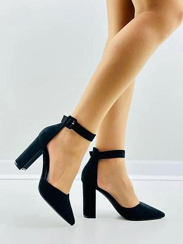 обувь подростков: Черные женские туфли с острым носком. Высота: 9-10см. Замша. Б/у — 1