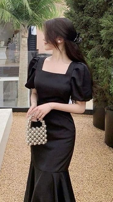 вечер: Элегантное черное платье с пышными рукавами - Силуэт: прилегающий с — 2