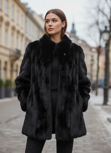 капишон: Шуба черная,.мех кроликс капишоном — 2