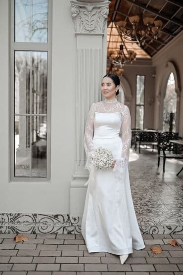 свадебное платье в стиле прованс: Свадебное платье, M, Винтажный стиль, Дизайнерское, Закрытое, Сатин, А-силуэт, Кыргызстан, Кружево, Б/у — 1