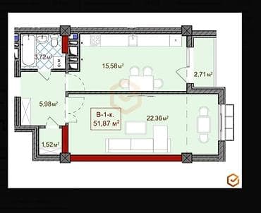 1 комната, 52 м², Элитка, 9 этаж, Готовая ПСО (под самоотделку)