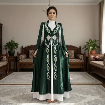 коктейльные платья с открытыми плечами: Сдается в аренду Элегантное национальное платье в темно‑зеленом — 1