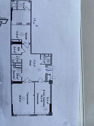 104 с: 2 комнаты, 78 м², Манас-Ата мкр., Элитка, 11 этаж, ПСО (под самоотделку) — 3