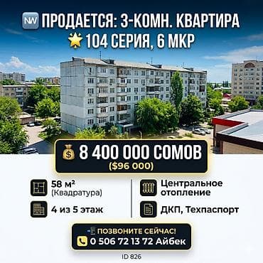 4: 3 комнаты, 58 м², 6 мкр 104 серия, 4 этаж, Косметический ремонт — 1