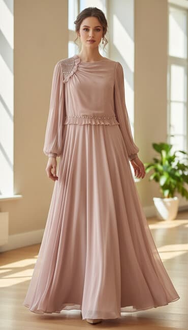 платье для свадьбы на островах: Вечернее платье, Классическое, Длинная модель, Креп, С рукавами, Стразы, L — 1