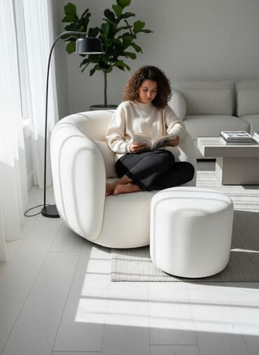 большой удобный: Элегантное кресло белого цвета с изогнутыми подлокотниками и удобной — 1