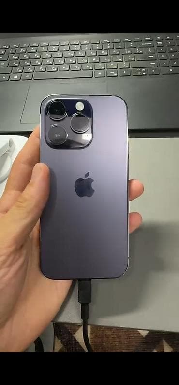 mini atx: IPhone 14 Pro, Б/у, 128 ГБ, Deep Purple, Защитное стекло, Чехол, 85 % — 1