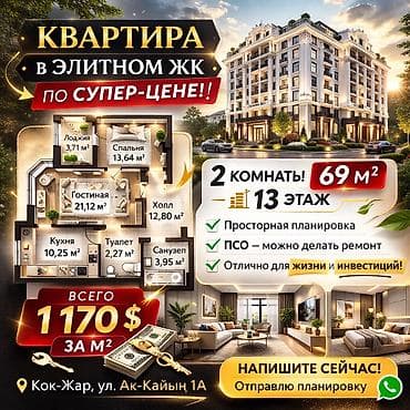 Батирлер: 2 бөлмө, 69 м², Элитка, 13 кабат, Даяр ПСО (өзү оңдоп түзөтүп бүтүү үчүн) — 1