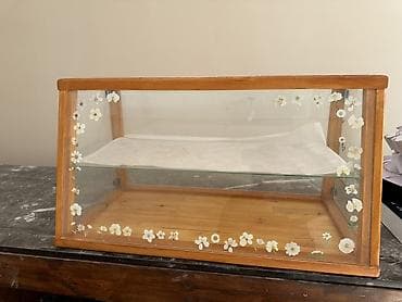 Витрина настольная из дерева и стекла с декоративными цветами на