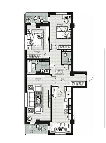 batir service: 3 комнаты, 93 м², Элитка, 12 этаж, Готовая ПСО (под самоотделку) — 2