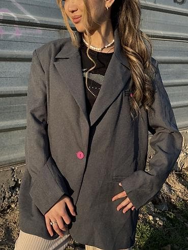 Сырт кийим: Женский удлинённый пиджак свободного кроя. - Цвет: тёмно‑серый - — 2