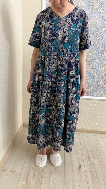 трикотажные платья для полных: Повседневное платье, Китай, Лето, Длинная модель, Ситец, Трапеция, 5XL, 3XL, L — 1