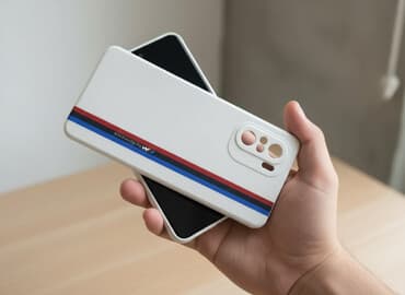 корпус на пк: Чехол для смартфона Poco F3, бежевый, с фирменной полосой в цветах M — 1