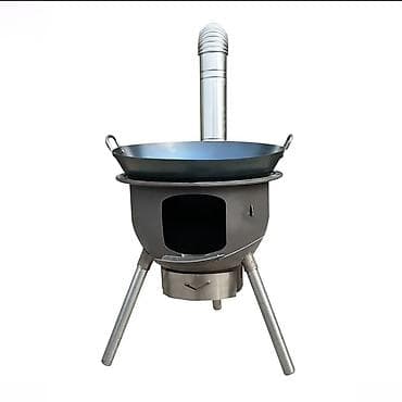 Уличная печь-очаг с дымоходом и казаном/сковородой-вок - Компактная