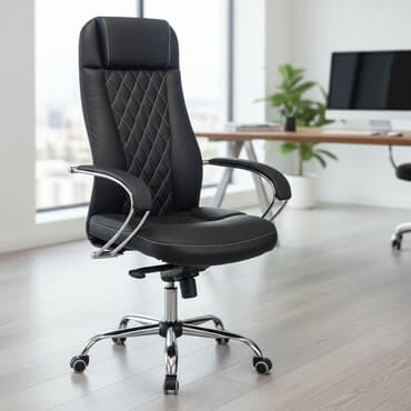 кресло для офис: Офисное кресло, С колесиками, цвет - Черный, Кожа — 1