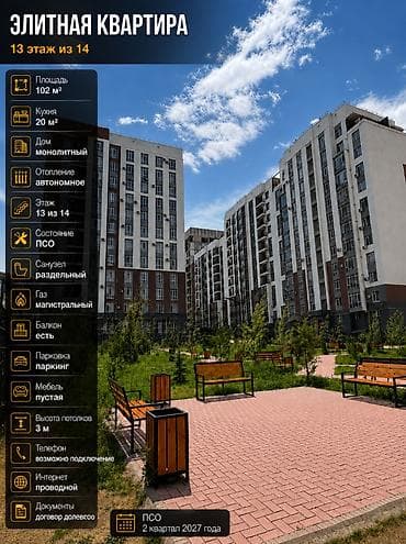 osh flat: 3 комнаты, 102 м², Асанбай мкр Элитка, 13 этаж, ПСО (под самоотделку) — 1