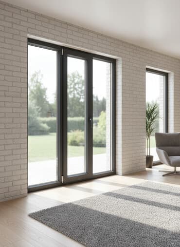 айнек терезелер: Трехстворчатое окно со стеклопакетом в темно-серой раме. Окно имеет — 1