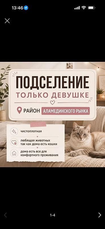Сдается зал на подселение только девушке 🌸 📍 Район Аламединского