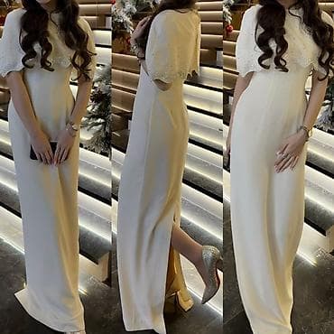 кейп: Элегантное длинное платье цвета айвори. - Фасон: прямой силуэт в пол — 1