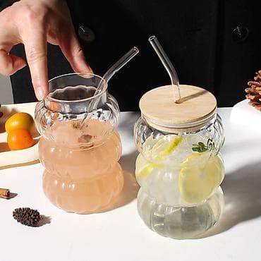 bubble tea: Стеклянный стакан с волнистой формой + крышка и трубочка - Материал — 5
