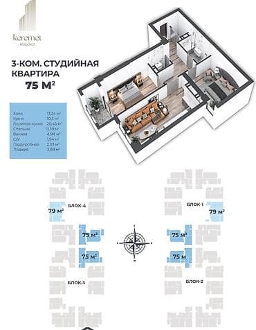квартиры бишкек: 3 комнаты, 75 м², Элитка, 7 этаж, Готовая ПСО (под самоотделку) — 2