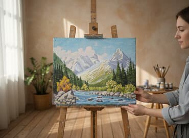 печать фото на холсте: Картины маслом на холсте - Сюжеты: горные пейзажи с рекой и елями — 1