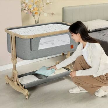 новорожденные: Детская приставная кроватка, Б/у, С колесиками, цвет - Бежевый — 4