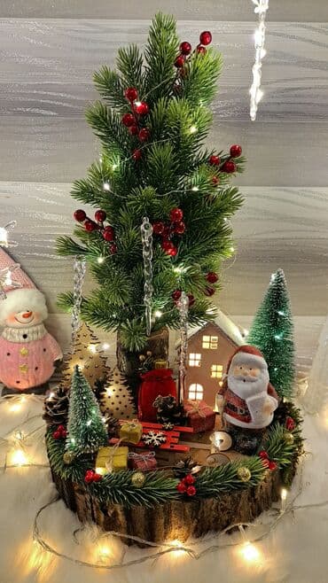 декор на новый год: Новогодняя декоративная композиция «Зимняя деревушка» на спиле дерева — 8