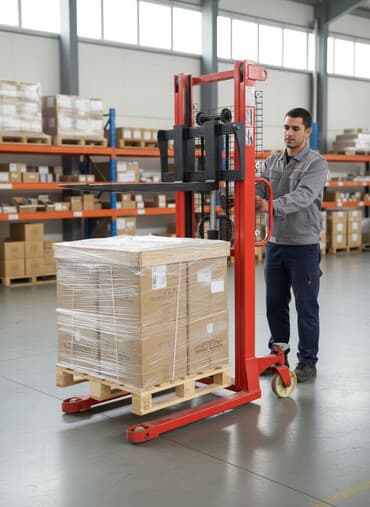 купить бу оборудование для производства полистиролбетона: Ручной гидравлический штабелер (рохля с мачтой) грузоподъёмностью 1000 — 1