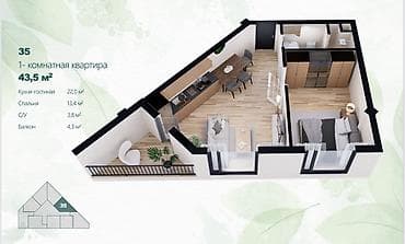срочно срочно продаю: 1 комната, 43 м², 3 этаж, Дизайнерский ремонт — 8